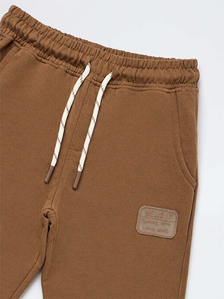 HOP Kids Boys Brown Patch-Detail Mid-Rise Cotton-Blend Joggers
