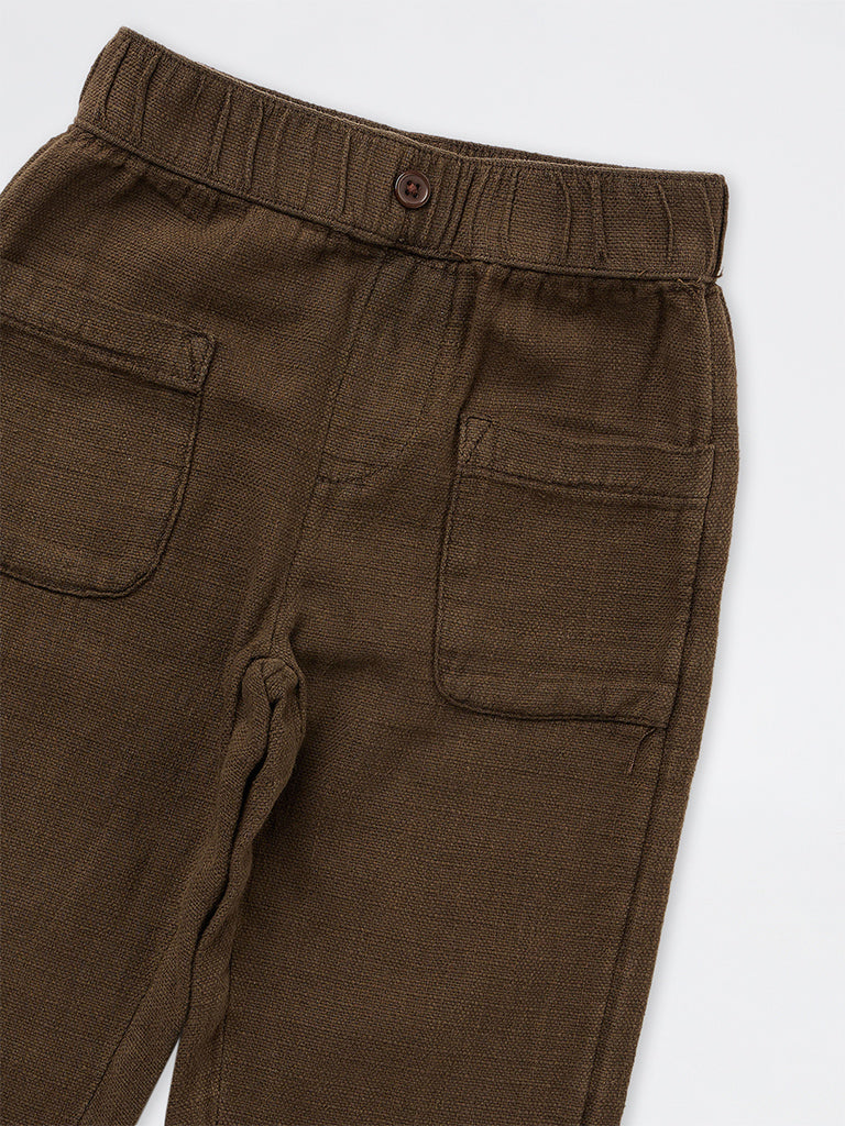 HOP Kids Boys Dark Brown Mid-Rise Cotton Trousers