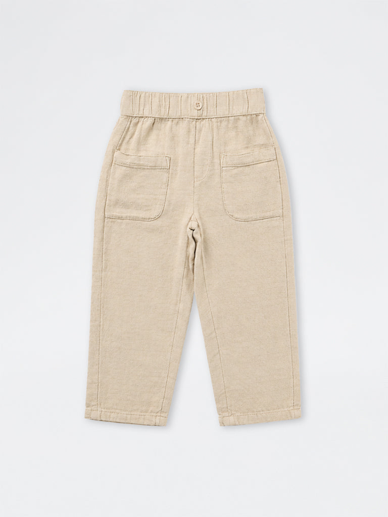 HOP Kids Boys Light Beige Mid-Rise Cotton Trousers