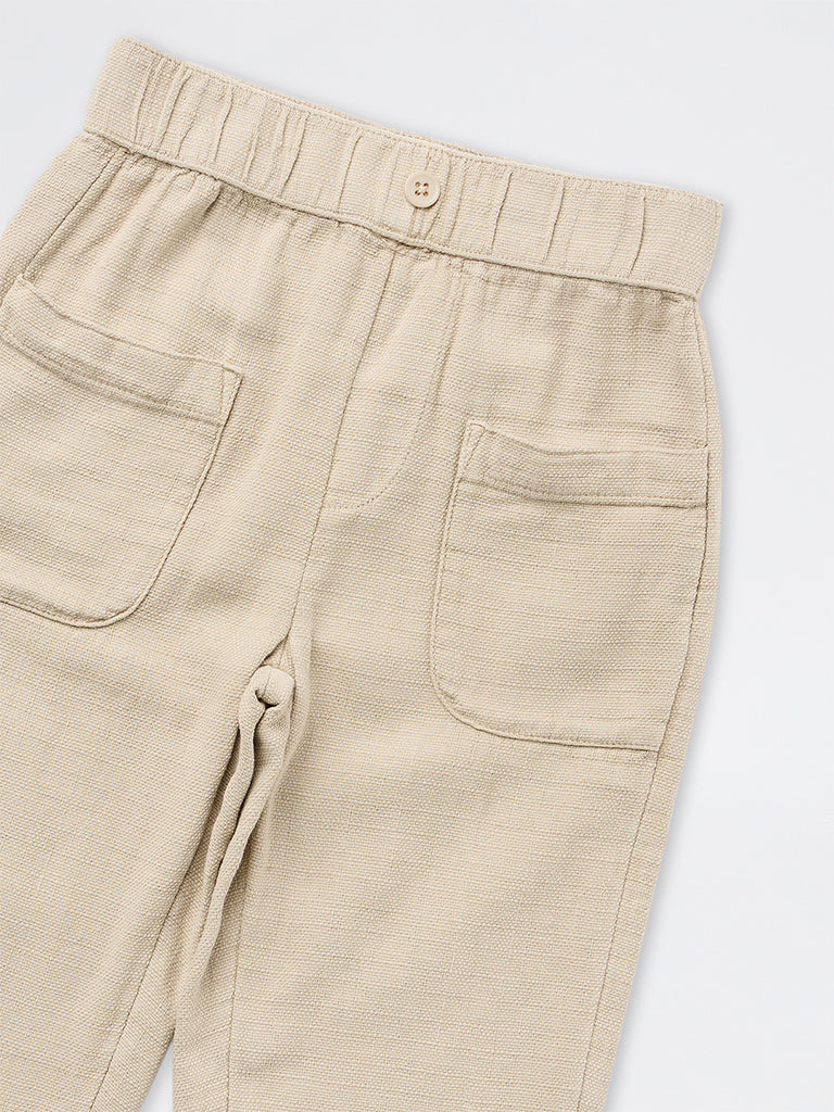HOP Kids Boys Light Beige Mid-Rise Cotton Trousers