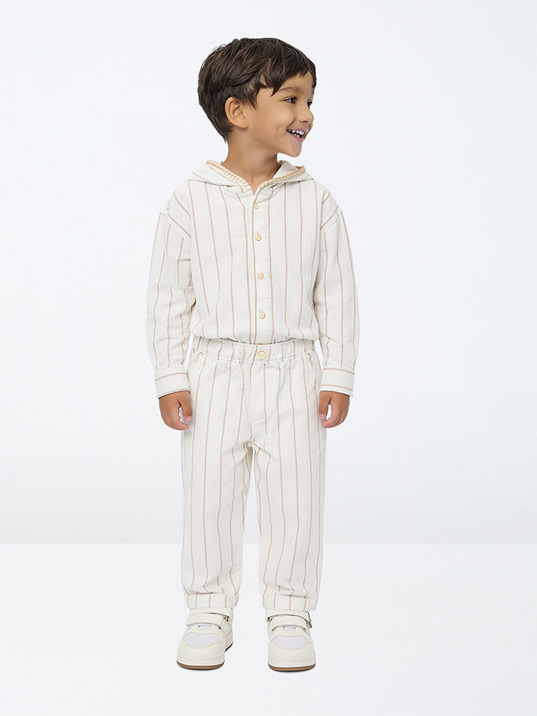 HOP Kids Boys Off-White Striped Mid-Rise Cotton Trousers