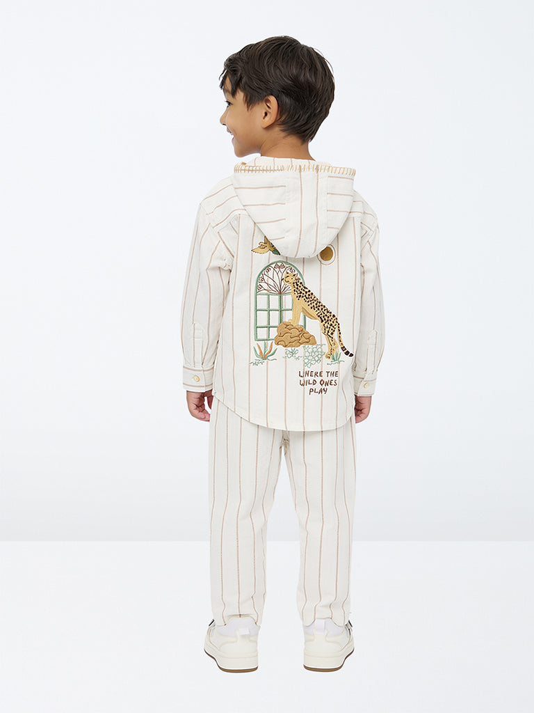 HOP Kids Boys Off-White Striped Mid-Rise Cotton Trousers