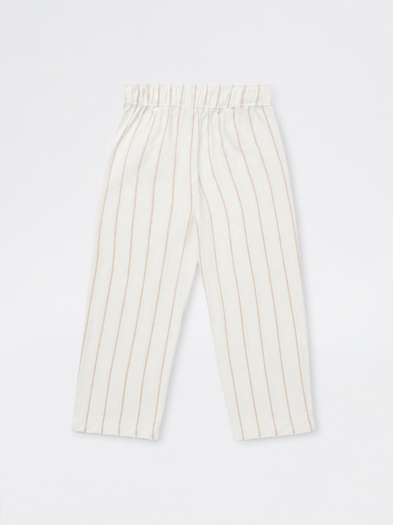 HOP Kids Boys Off-White Striped Mid-Rise Cotton Trousers