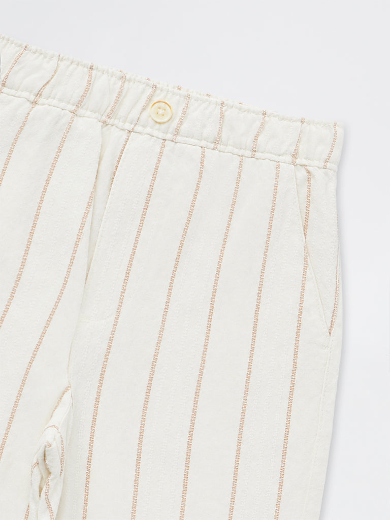 HOP Kids Boys Off-White Striped Mid-Rise Cotton Trousers