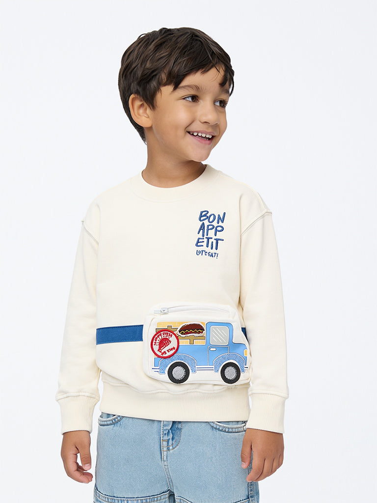 HOP Kids Boys Off-White Printed Sling-Bag Style Cotton Sweatshirt