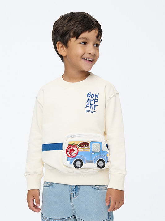 HOP Kids Boys Off-White Printed Sling-Bag Style Cotton Sweatshirt
