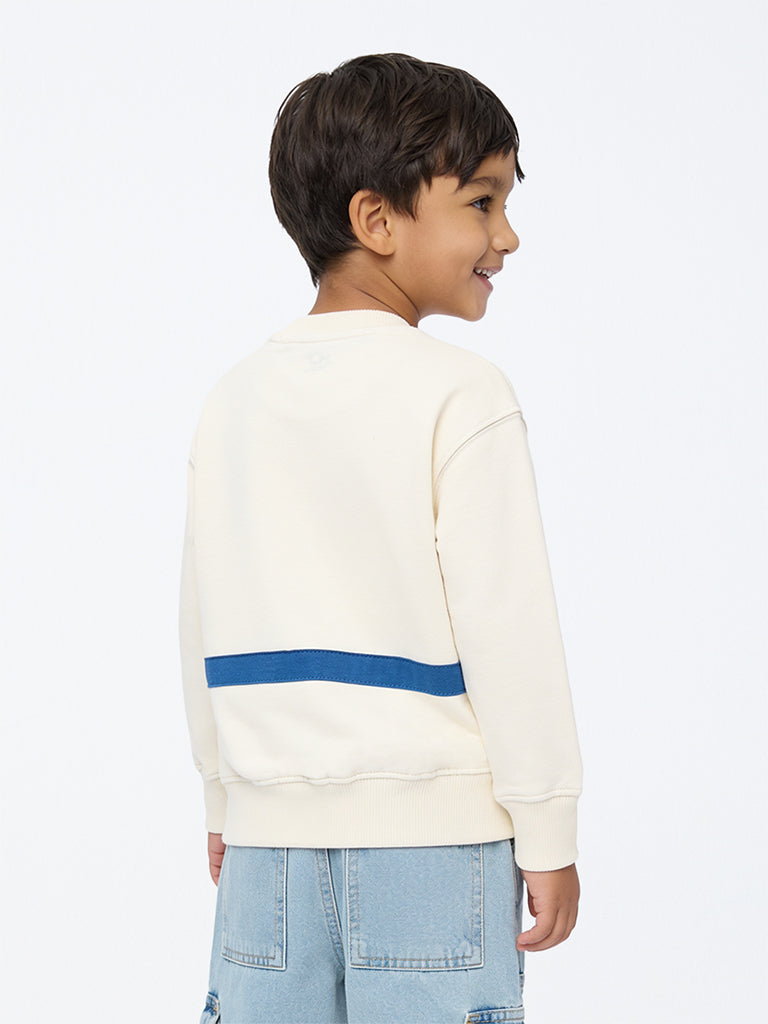 HOP Kids Boys Off-White Printed Sling-Bag Style Cotton Sweatshirt