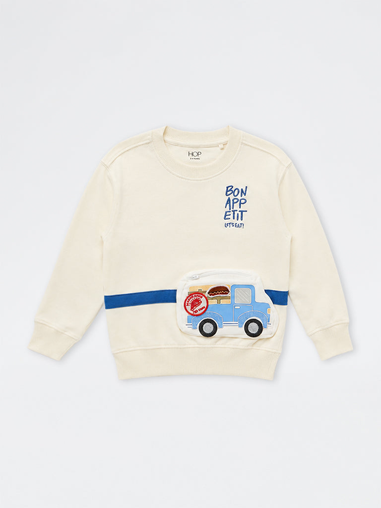 HOP Kids Boys Off-White Printed Sling-Bag Style Cotton Sweatshirt