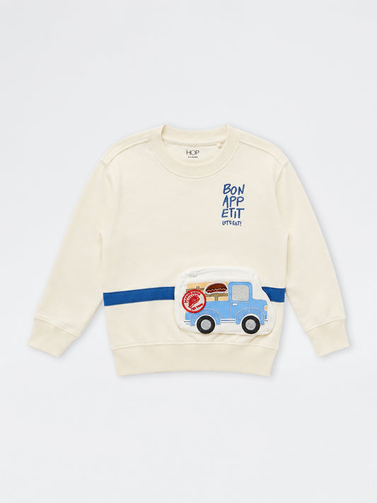 HOP Kids Boys Off-White Printed Sling-Bag Style Cotton Sweatshirt