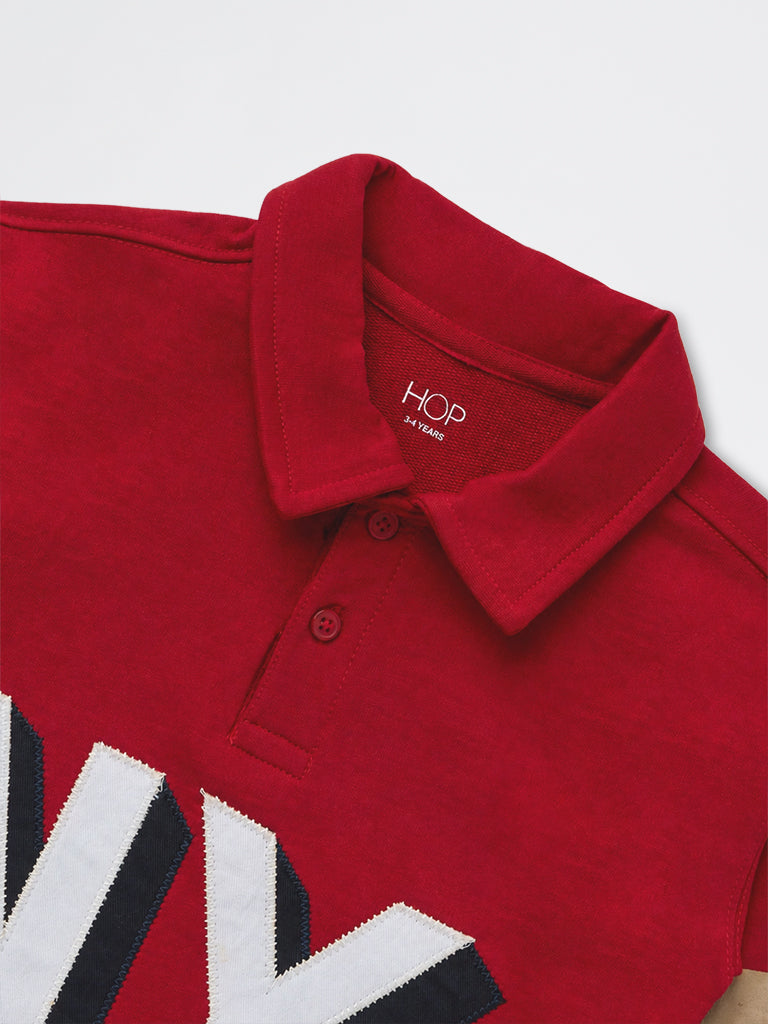 HOP Kids Boys Red Text Design Cotton-Blend Polo Sweatshirt