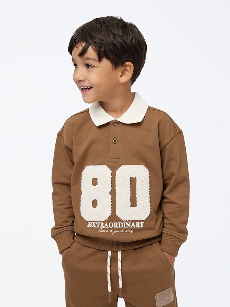 HOP Kids Boys Brown Numerical-Printed Cotton-Blend Sweatshirt