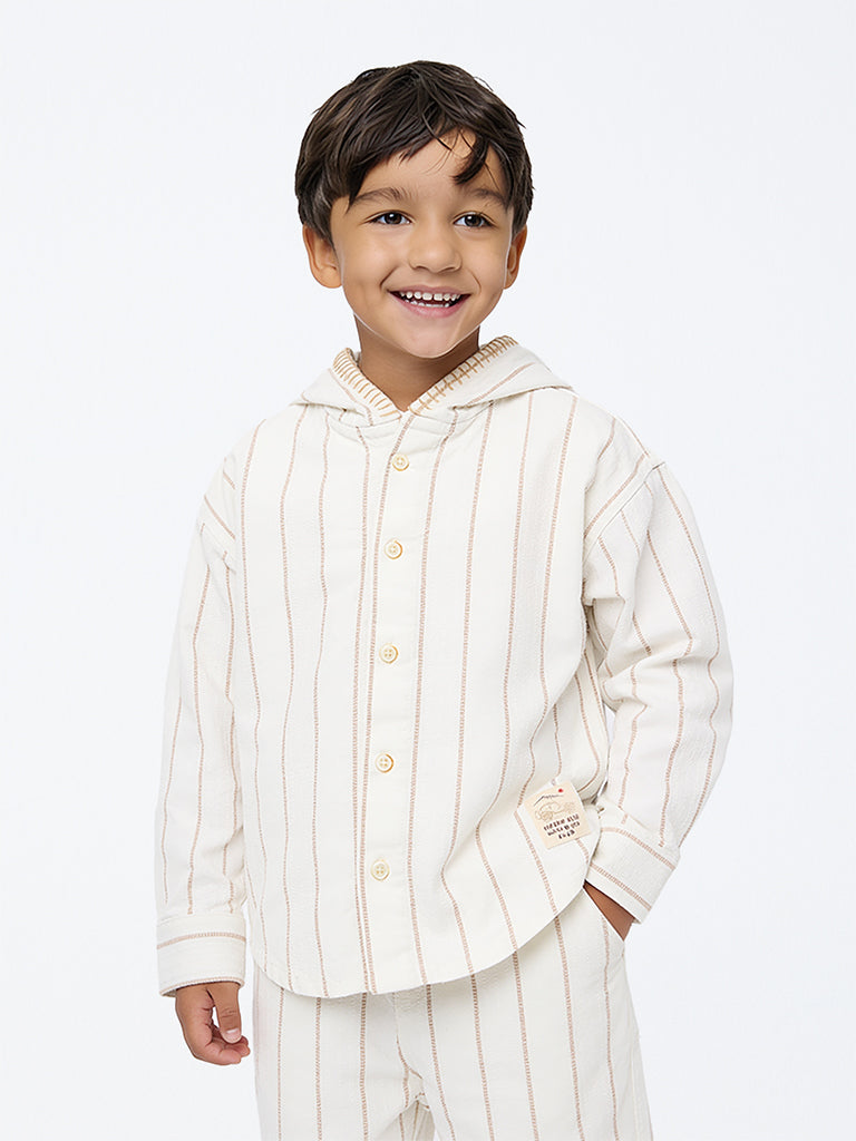 HOP Kids Boys Off-White Striped Cotton Hooded Shirt