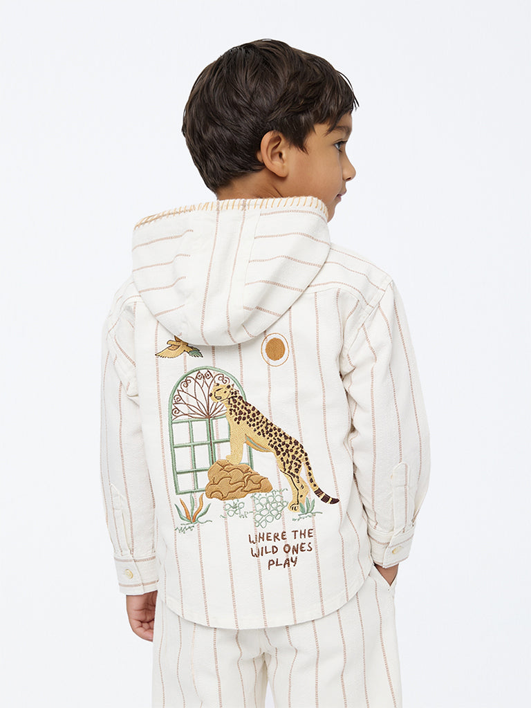 HOP Kids Boys Off-White Striped Cotton Hooded Shirt