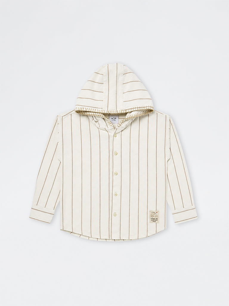 HOP Kids Boys Off-White Striped Cotton Hooded Shirt