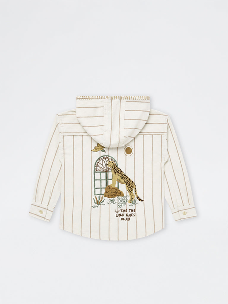 HOP Kids Boys Off-White Striped Cotton Hooded Shirt