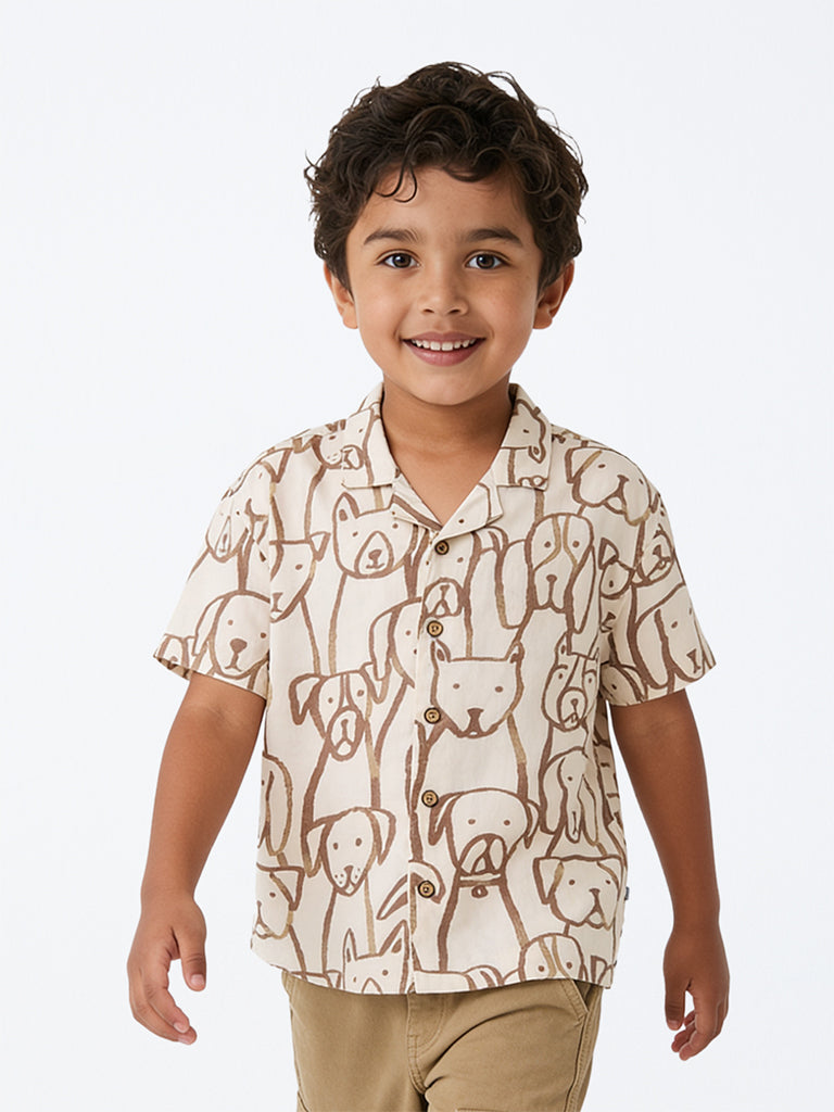HOP Kids Boys Light Beige Dog Pattern Shirt