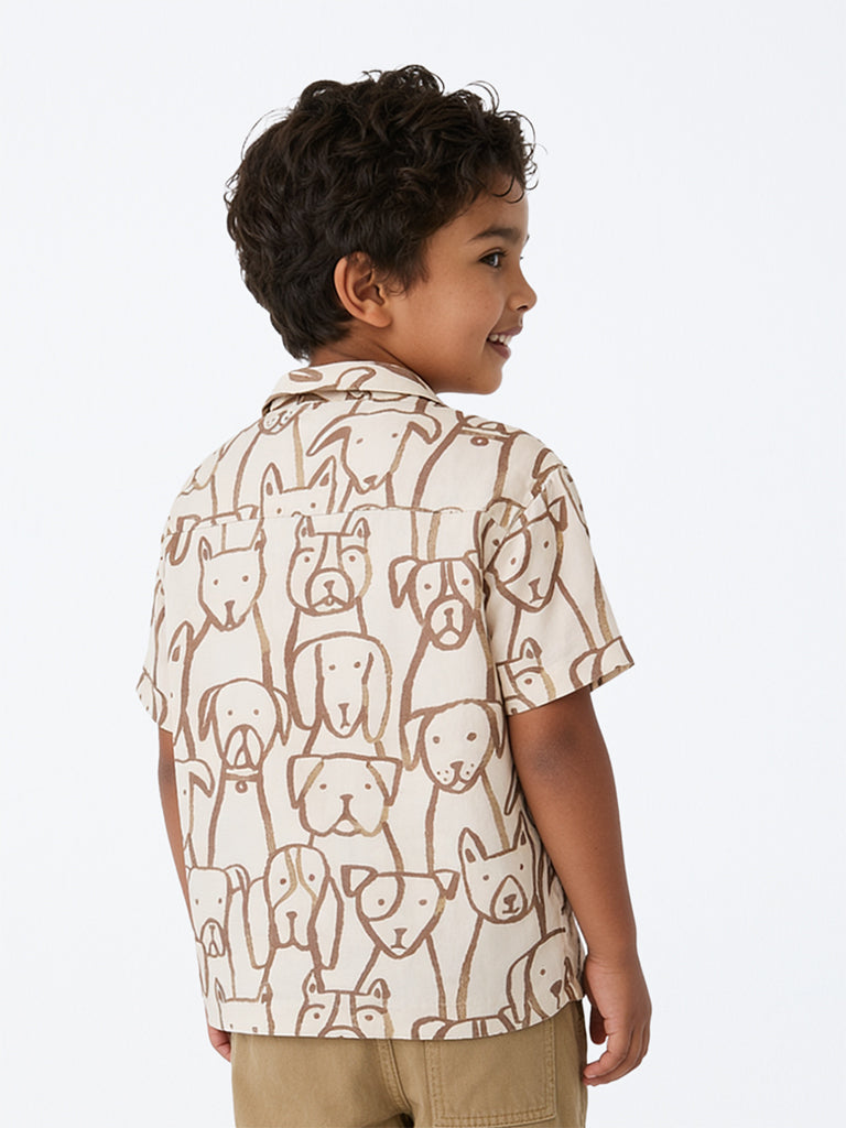 HOP Kids Boys Light Beige Dog Pattern Shirt