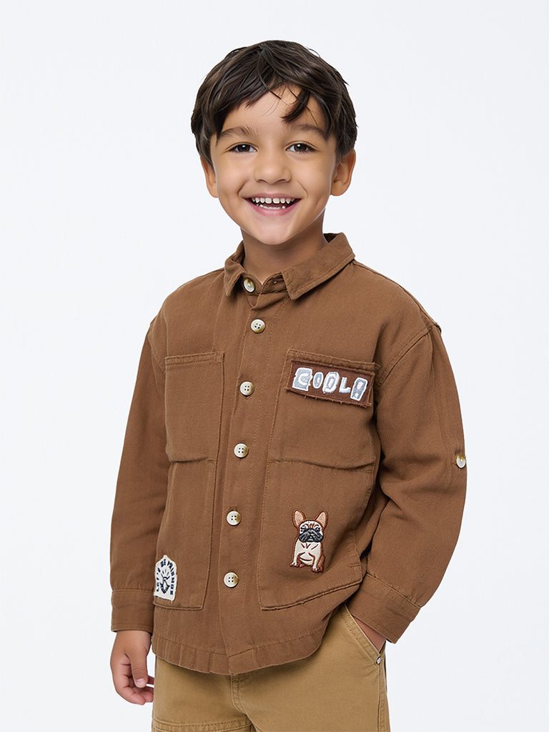 HOP Kids Boys Brown Patch-Detail Cotton Shirt