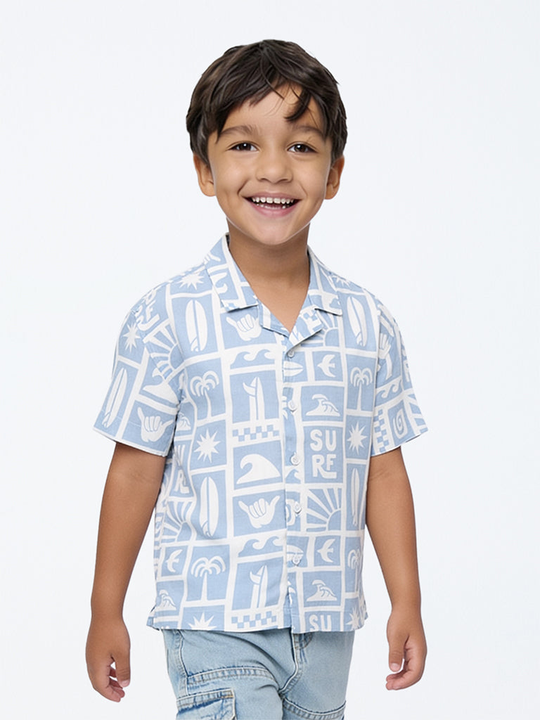 HOP Kids Boys Blue Surf-Theme Resort-Fit Shirt