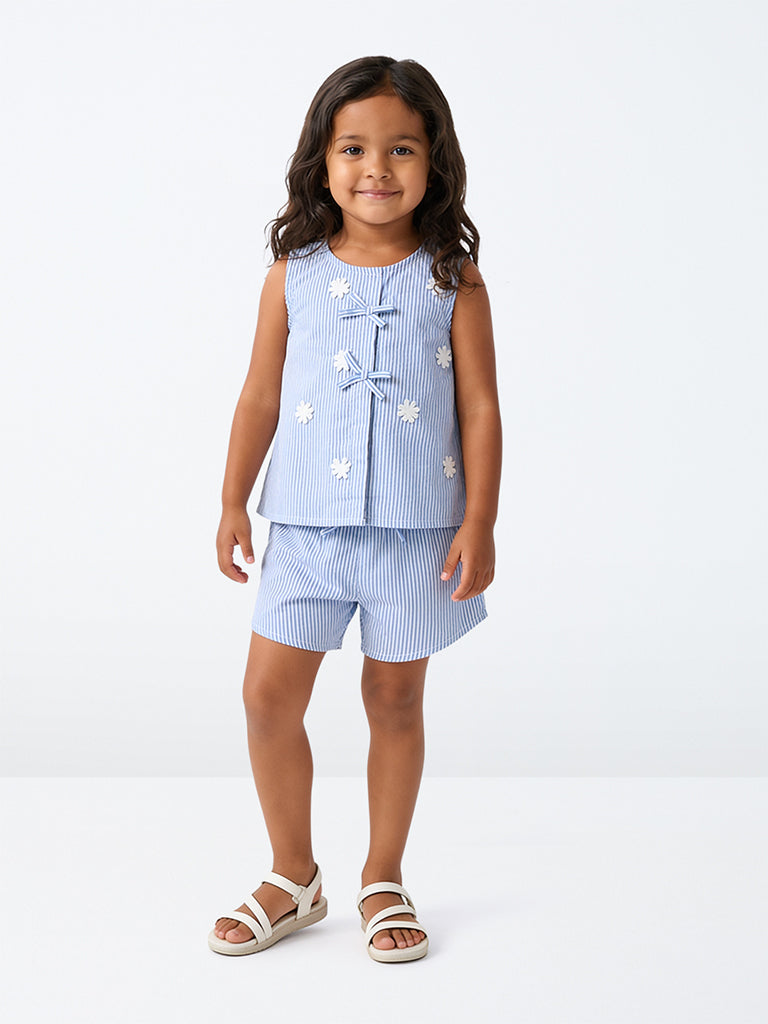 HOP Kids Girls Blue Striped Cotton Top and Shorts Set