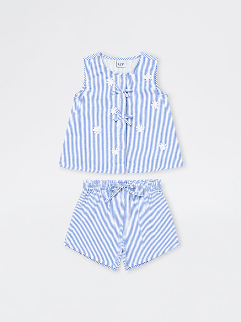 HOP Kids Girls Blue Striped Cotton Top and Shorts Set