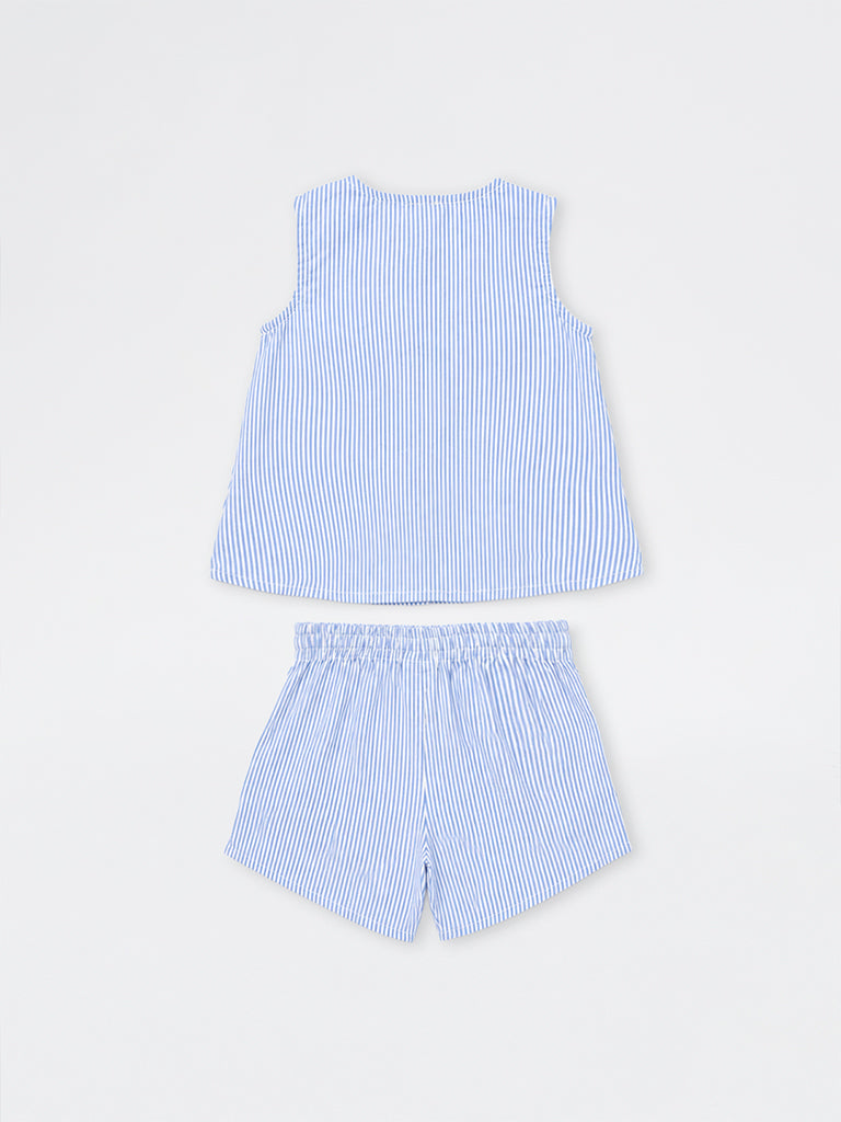 HOP Kids Girls Blue Striped Cotton Top and Shorts Set