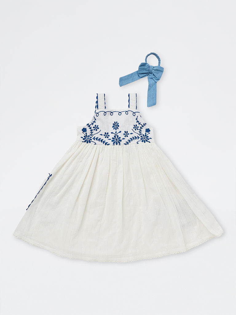 HOP Kids Girls White Floral Embroidered Cotton A-Line Dress with Scrunchie