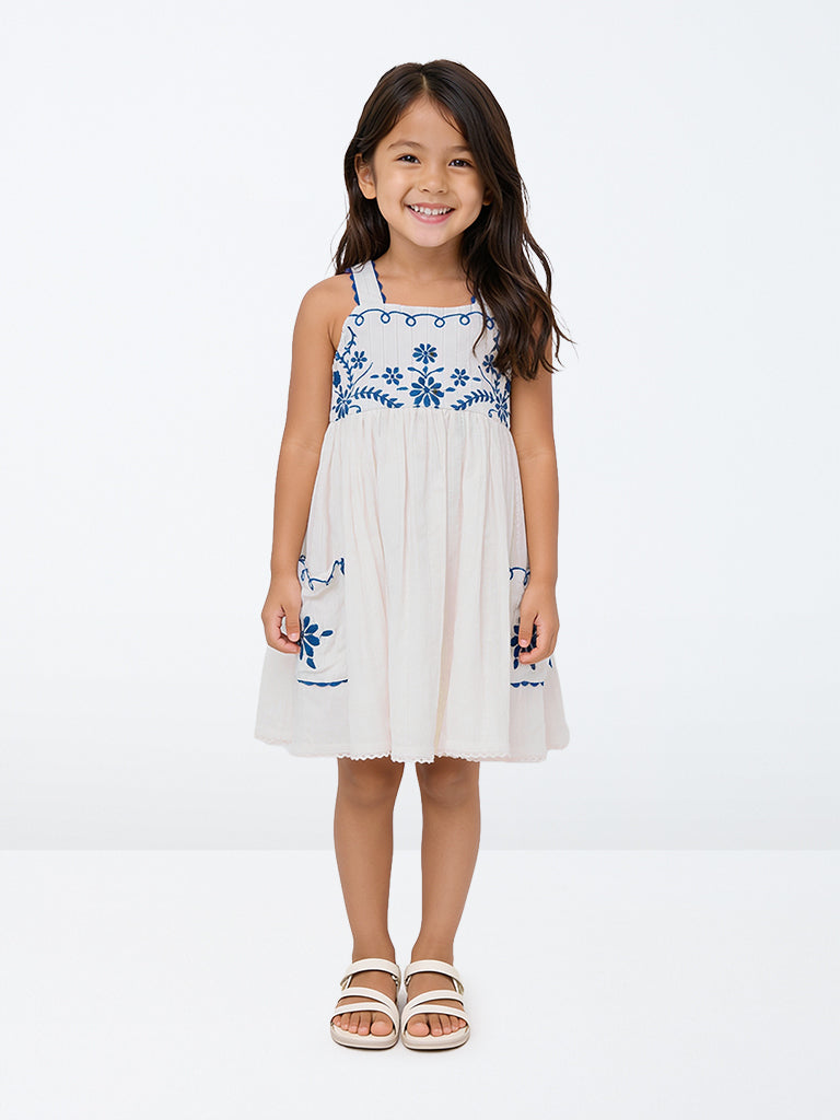 HOP Kids Girls White Floral Embroidered Cotton A-Line Dress with Scrunchie