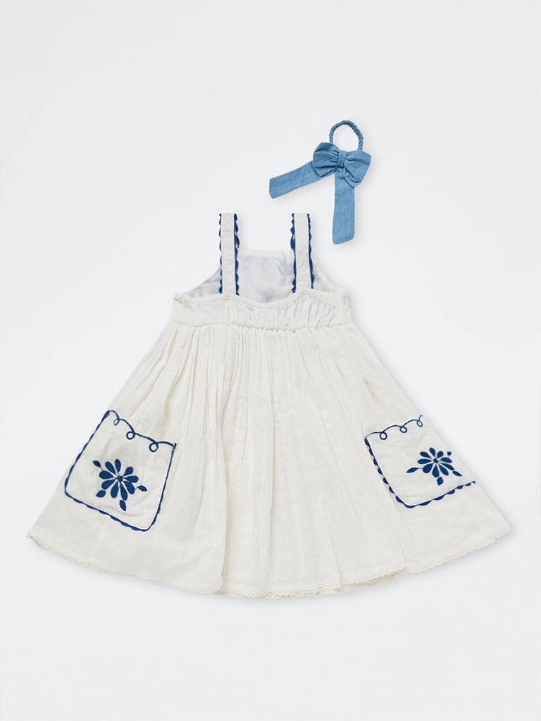 HOP Kids Girls White Floral Embroidered Cotton A-Line Dress with Scrunchie