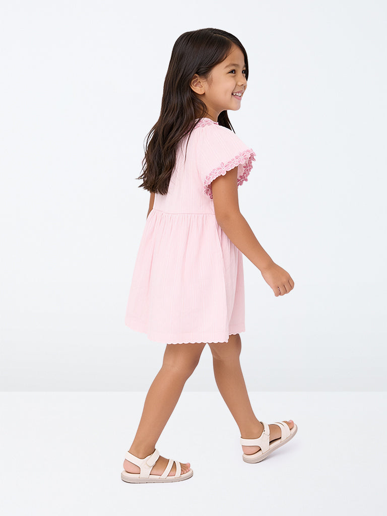 HOP Kids Girls Light Pink Floral Embroidered Cotton A-Line Dress