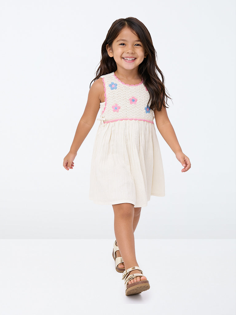 HOP Kids Girls Cream Floral Embroidered Cotton A-Line Dress