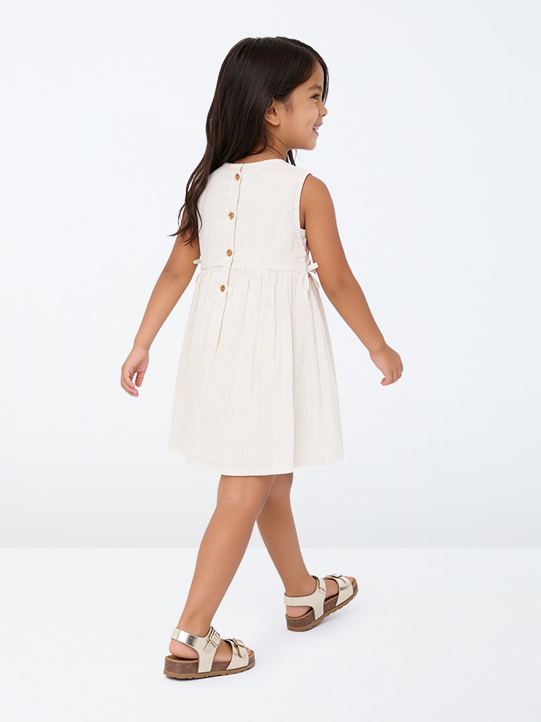 HOP Kids Girls Cream Floral Embroidered Cotton A-Line Dress