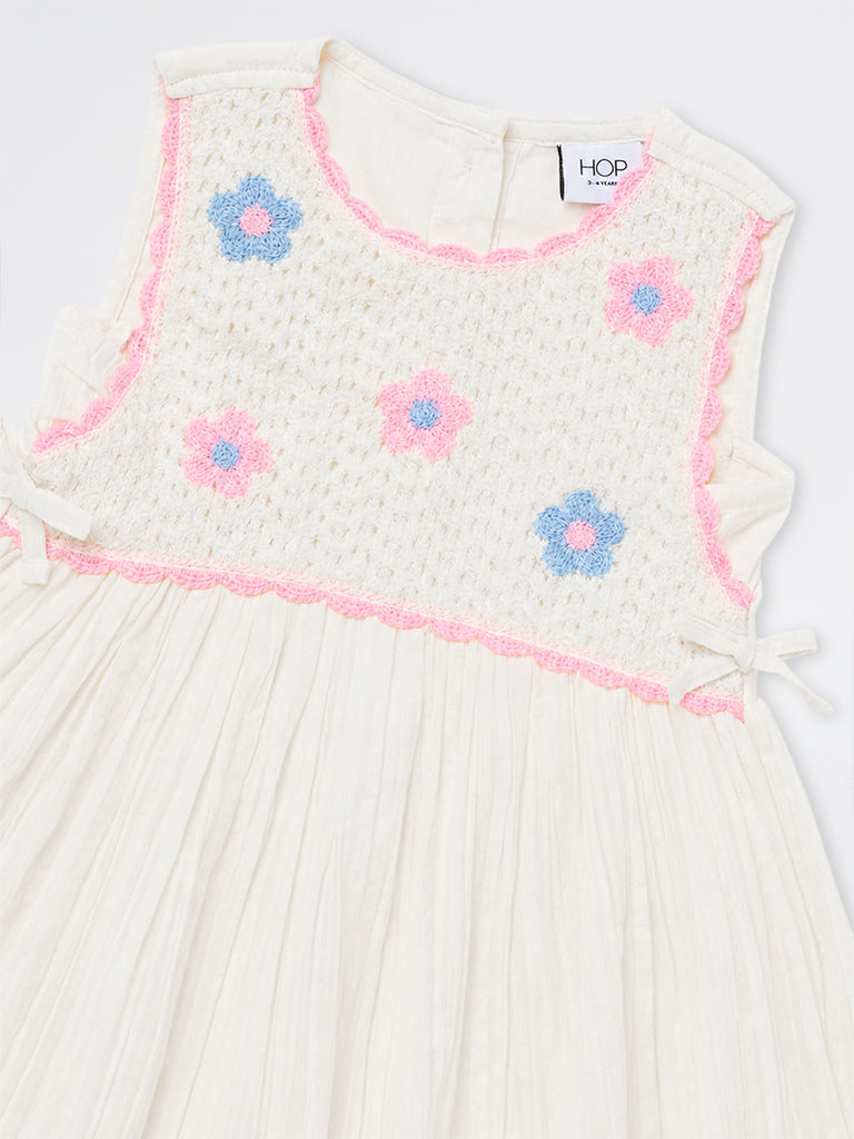 HOP Kids Girls Cream Floral Embroidered Cotton A-Line Dress