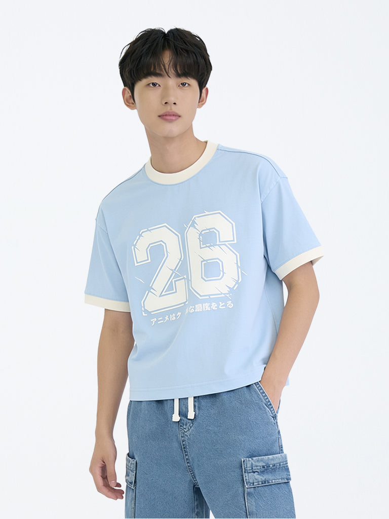 Boys Light Blue Numerical Printed Cotton T-Shirt