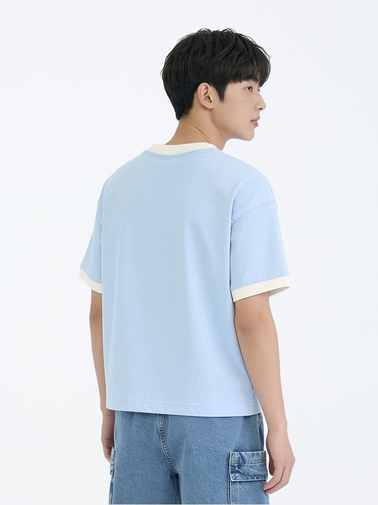 Boys Light Blue Numerical Printed Cotton T-Shirt