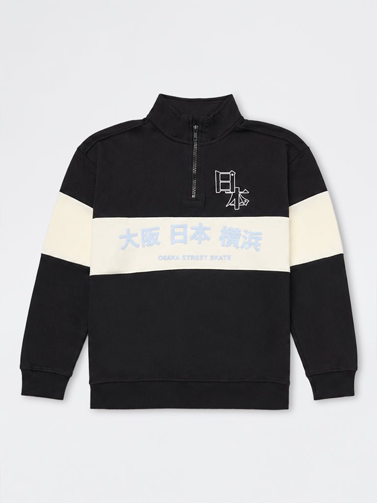 Boys Black Colour-Blocked Cotton Sweatshirt