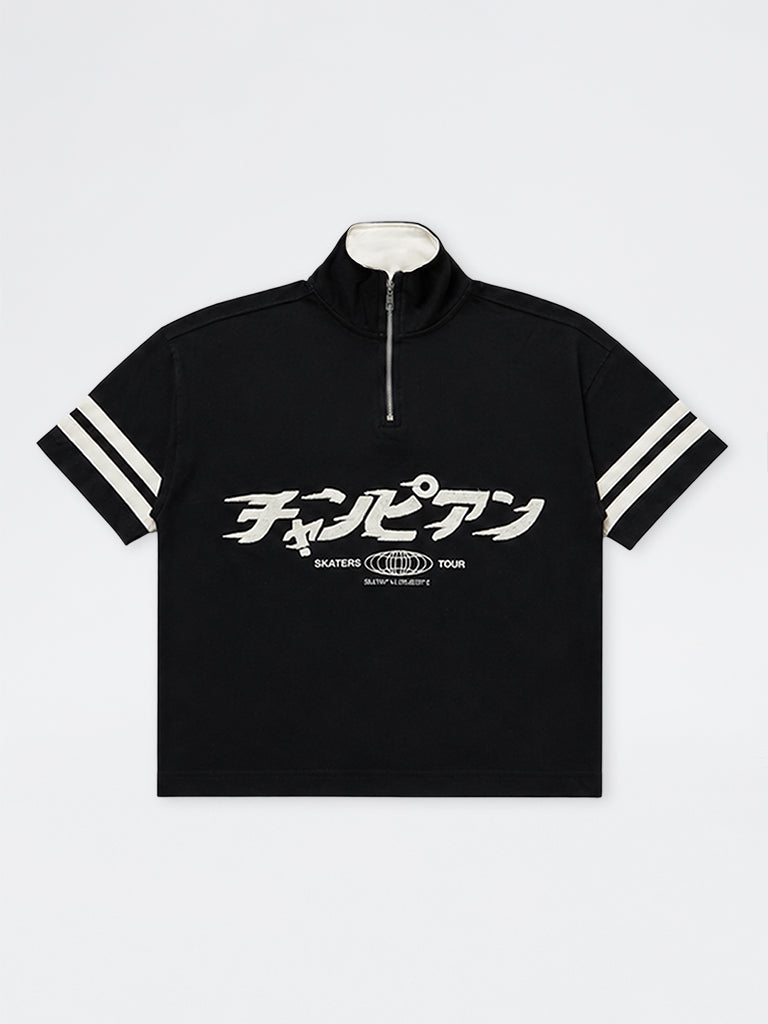 Y&F Kids Boys Black Japanese-Embroidered Cotton T-Shirt