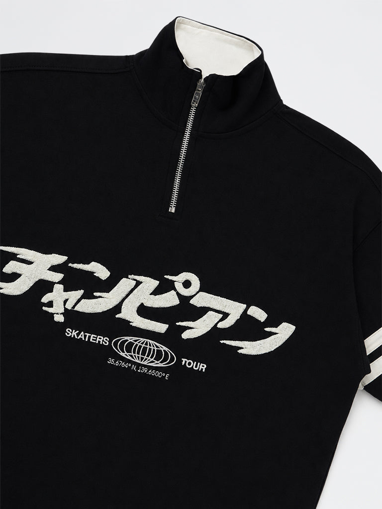 Y&F Kids Boys Black Japanese-Embroidered Cotton T-Shirt