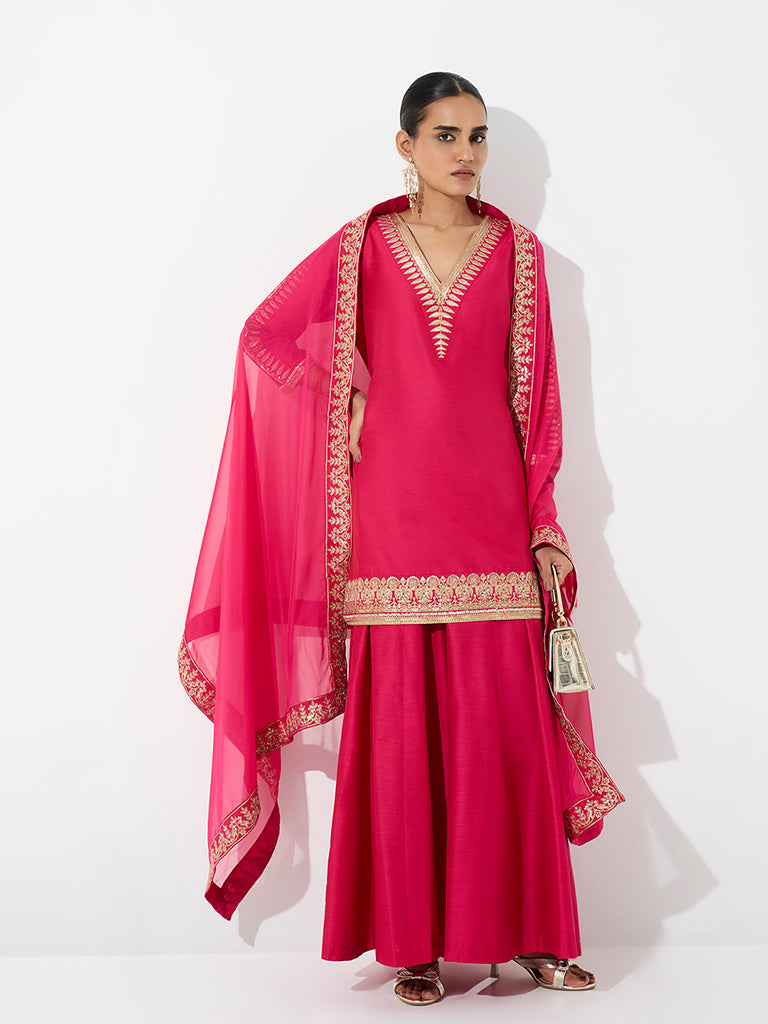 Vark Pink Botanical Embroidered Straight Kurta and Flared Palazzos Set