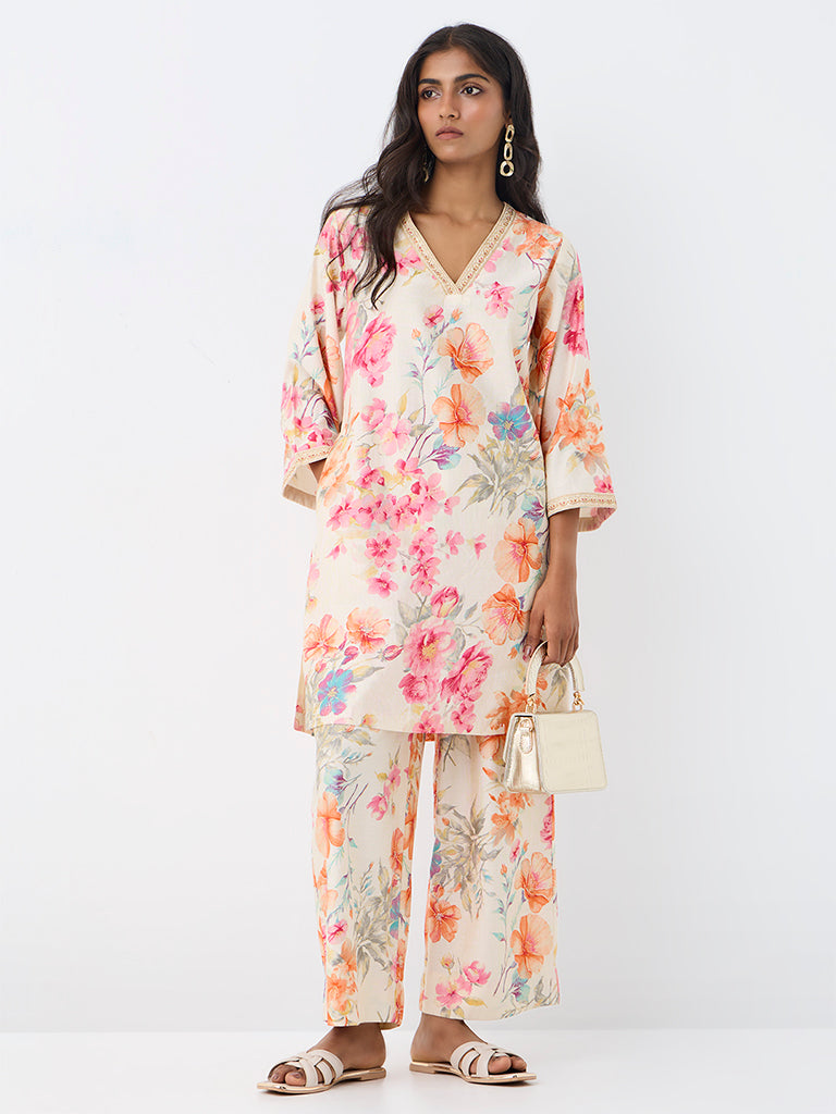 Utsa Off-White Floral Printed A-Line Kurta
