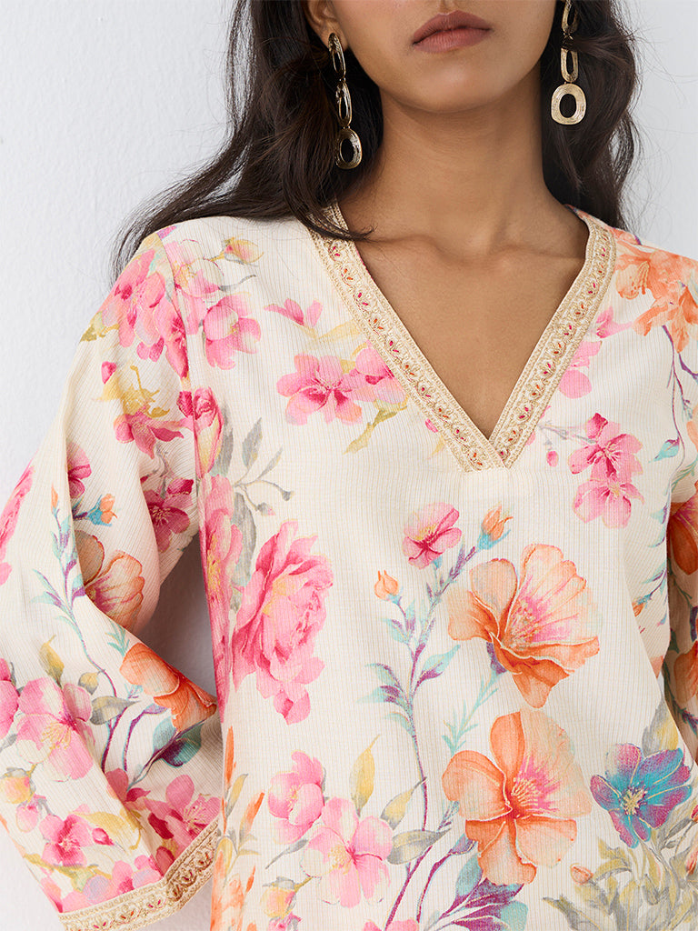 Utsa Off-White Floral Printed A-Line Kurta