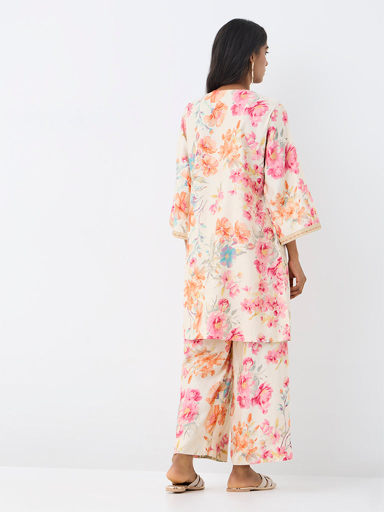 Utsa Off-White Floral Printed A-Line Kurta