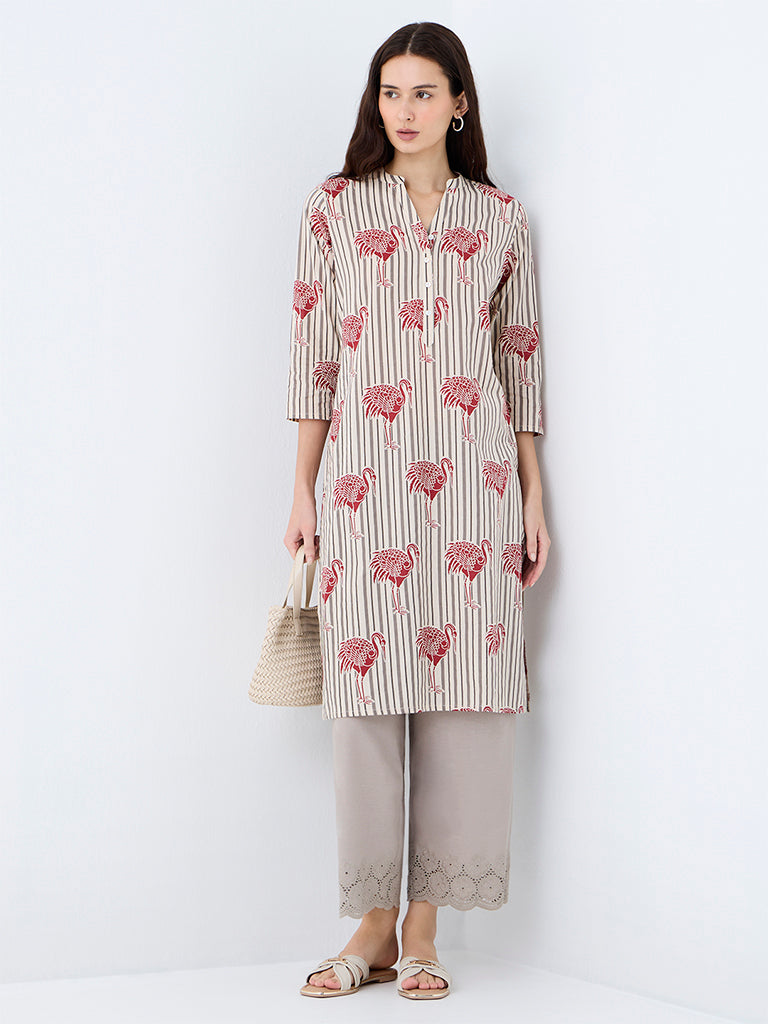 Utsa Off-White Bird Printed Cotton Straight Kurta