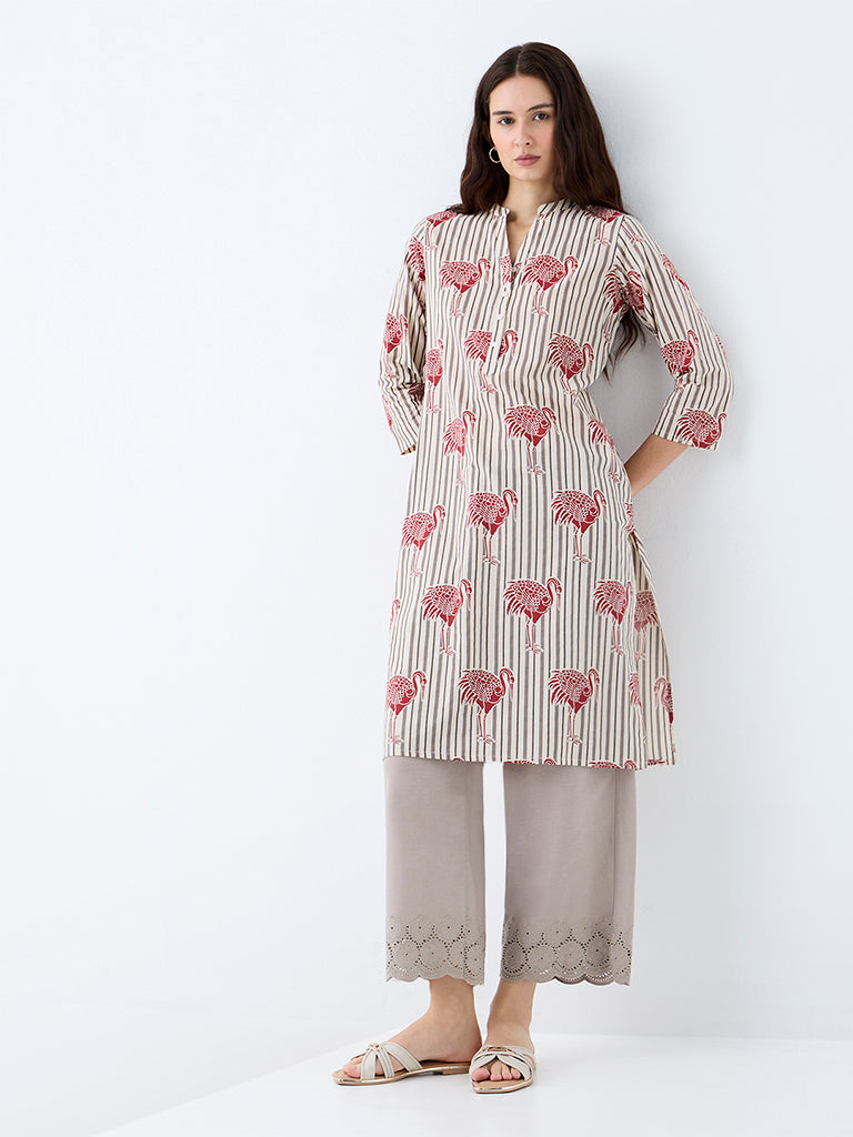 Utsa Off-White Bird Printed Cotton Straight Kurta