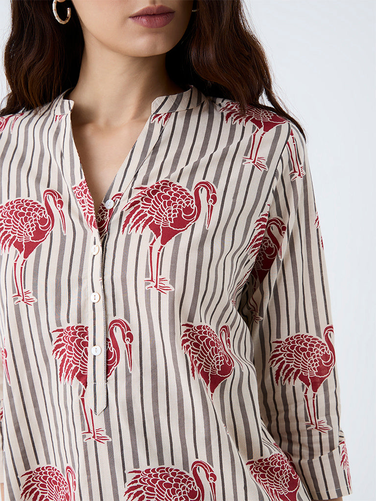 Utsa Off-White Bird Printed Cotton Straight Kurta