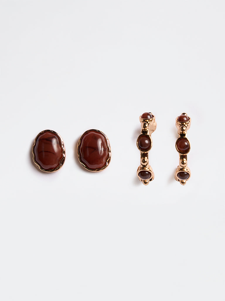 Westside Accessories Brown Stone Stud and Hoop Earrings - Pack of 2
