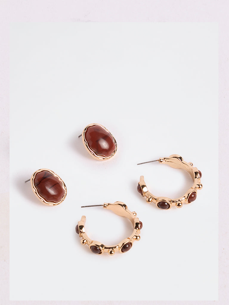 Westside Accessories Brown Stone Stud and Hoop Earrings - Pack of 2