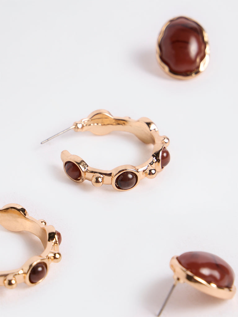 Westside Accessories Brown Stone Stud and Hoop Earrings - Pack of 2
