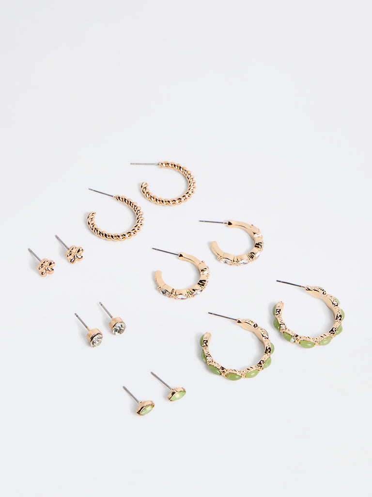 Westside Accessories Gold and Green Hoop and Stud Earrings - Pack of 6