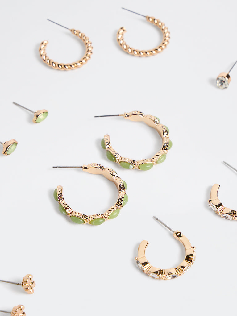 Westside Accessories Gold and Green Hoop and Stud Earrings - Pack of 6